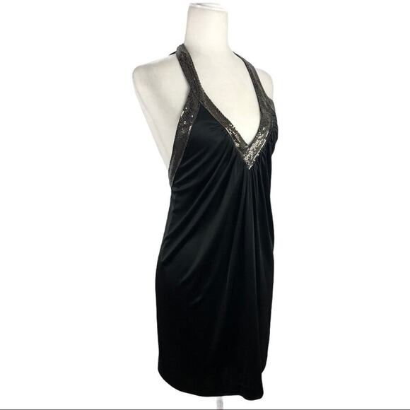 BCBG Diamante Mesh Mini Dress Black V-Neck Halter XS Clubwear Disco Party - Picture 5 of 14